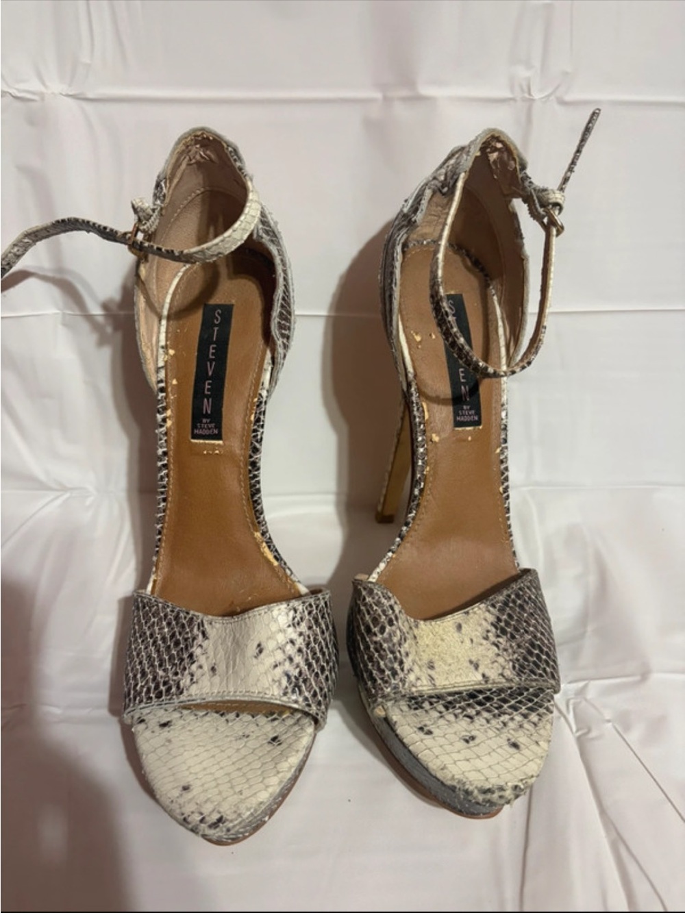Steve Madden Snakeskin Ankle-Strap Heels - White and Gray